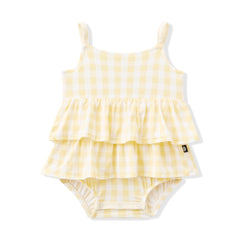Spaghetti Strap Ruffle Romper in Gingham Chamomile