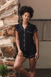 Women’s Short Sleeve Pajama Set in Midnight with Cloud Trim