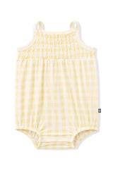 Smocked Bubble Romper in Gingham Chamomile