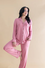 Long-Sleeved Women's Pajama Set in Apple Blossom with Cloud Trim