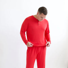 Men's Long Sleeve Henley Top in Cardinal