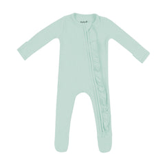 Ribbed Ruffle Zipper Footie in Sage