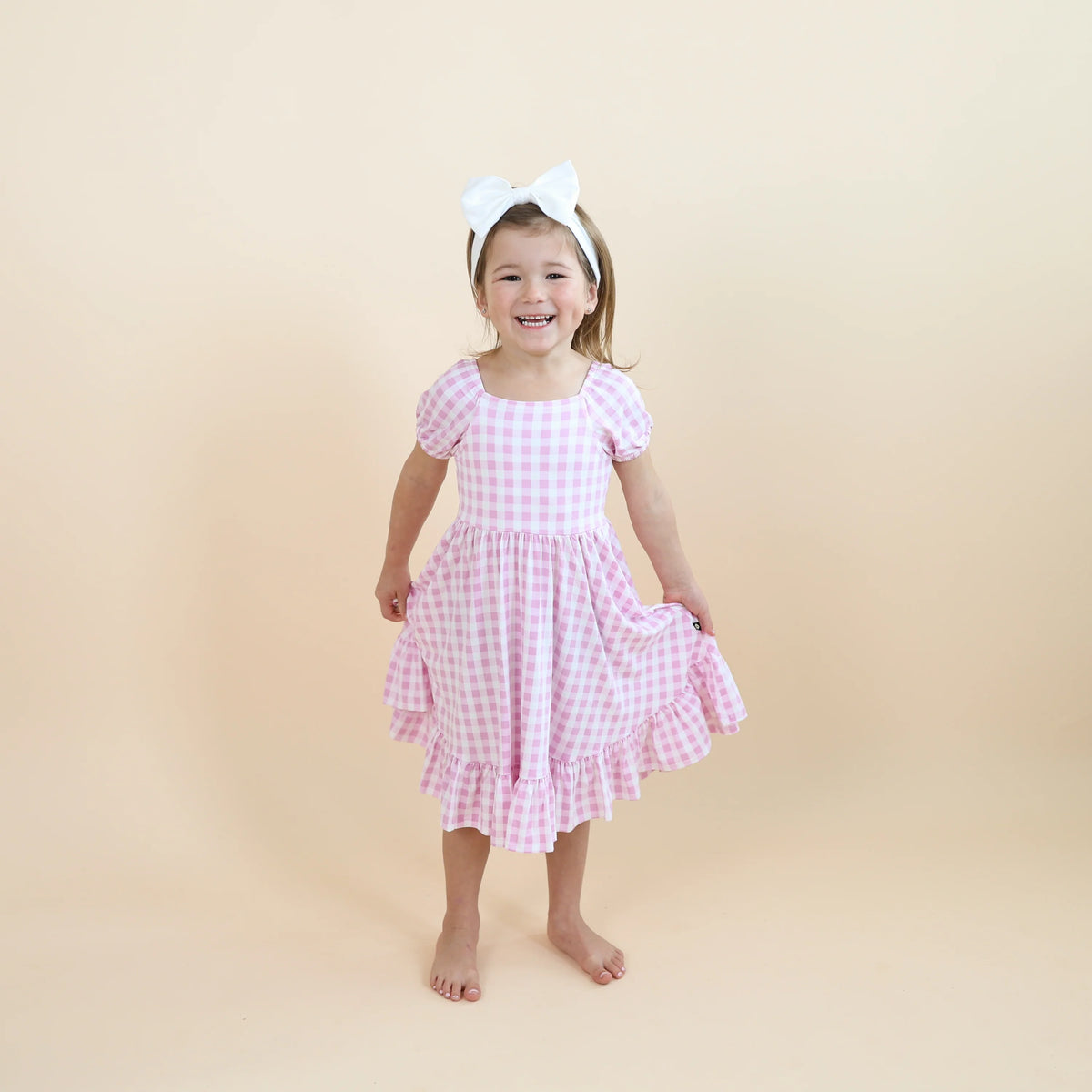 Puff Sleeve Twirl Dress in Gingham Thistle