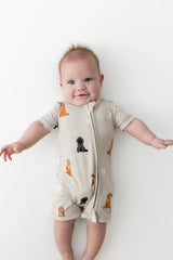 Zippered Shortall Romper in Fluffy Dog