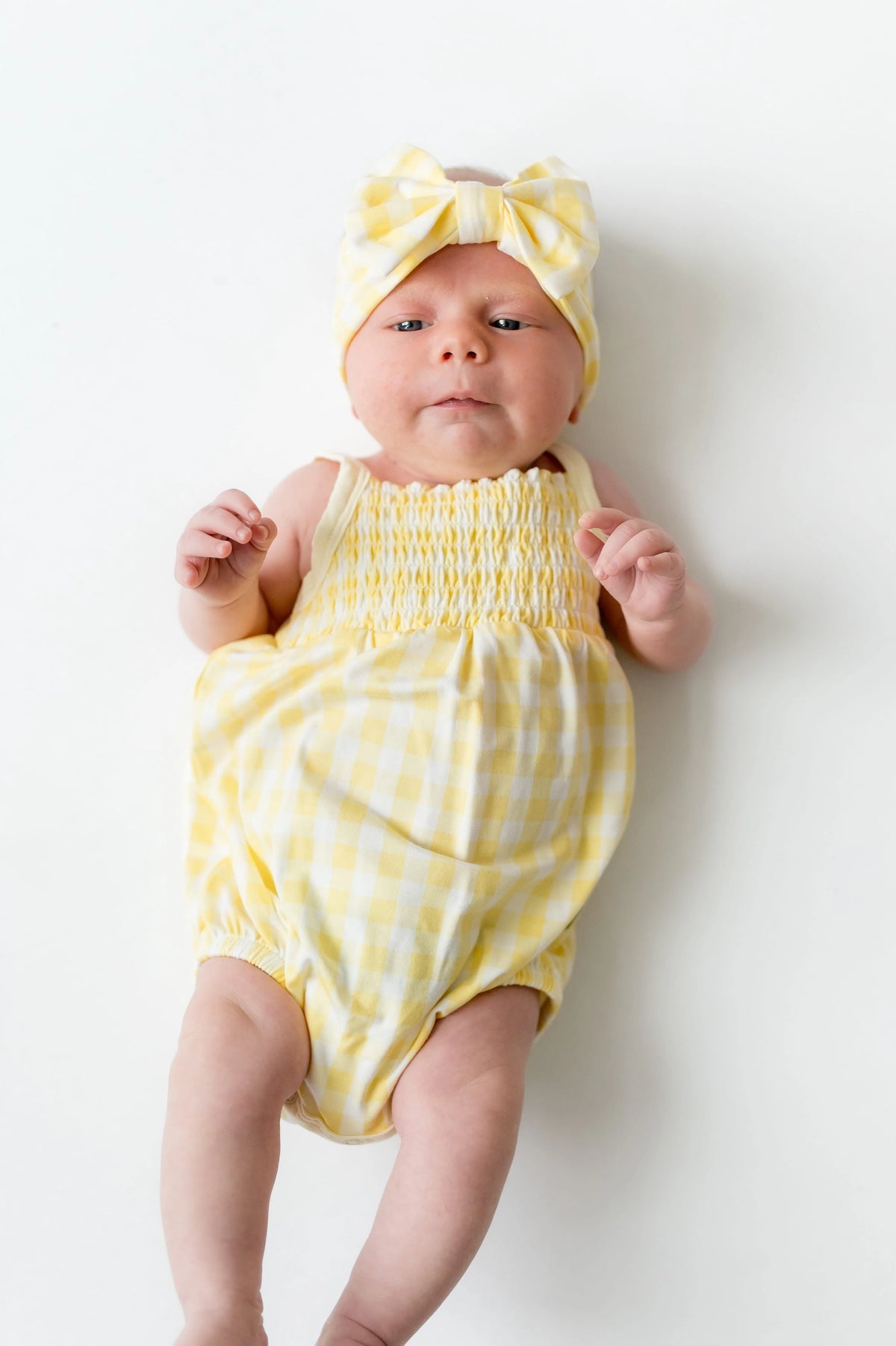 Smocked Bubble Romper in Gingham Chamomile