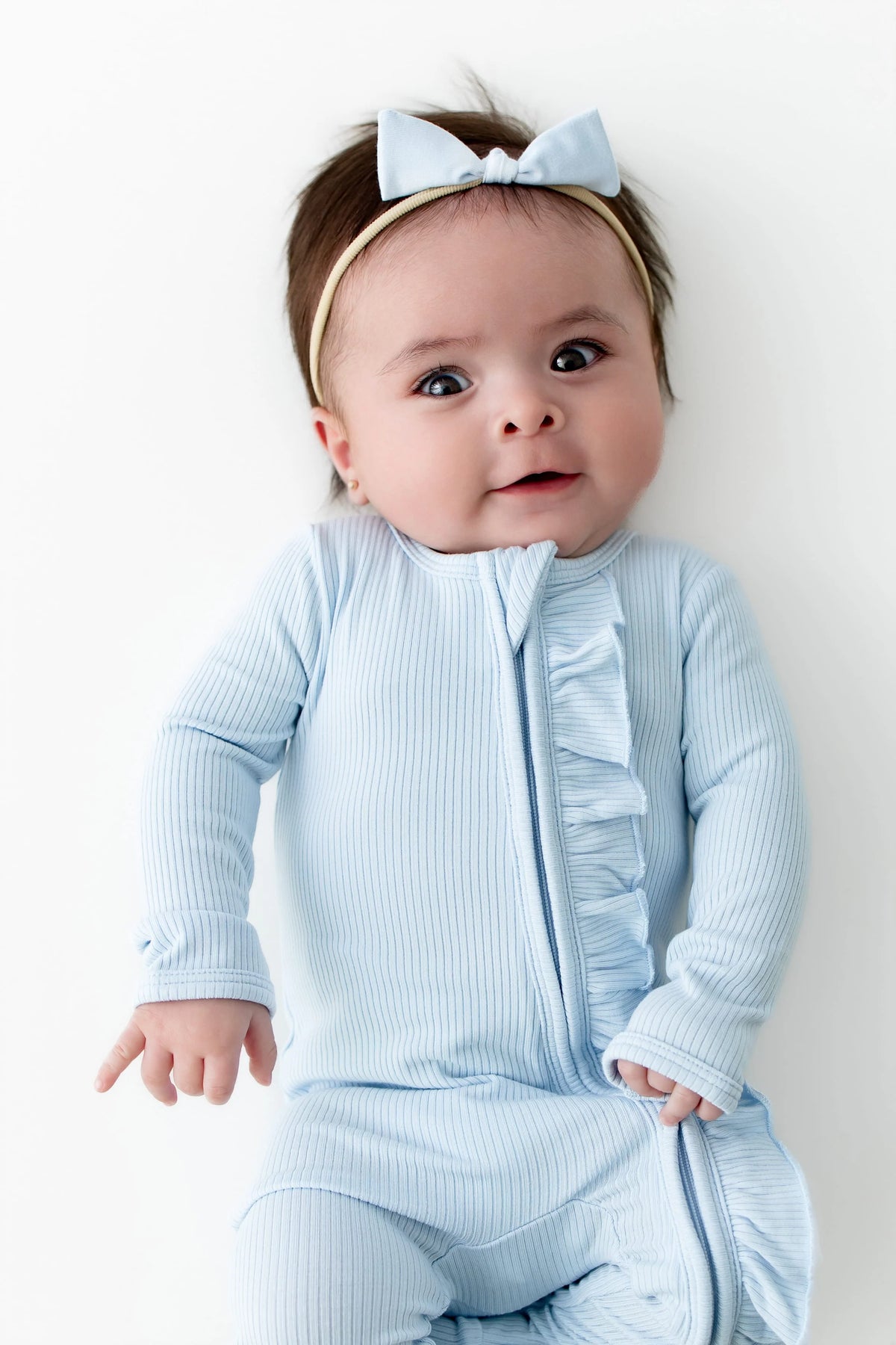 Ribbed Ruffle Zipper Footie in Breeze