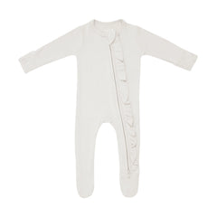 Ribbed Ruffle Zipper Footie in Oat
