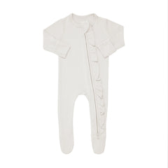 Ribbed Ruffle Zipper Footie in Oat